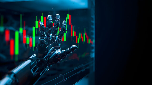 Robotic hand analyzing financial data on a digital screen, AI robot finger pointing at stock market charts, futuristic artificial intelligence trading