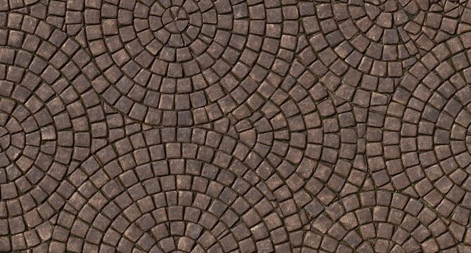 Brown cobblestone pavement with circular fan pattern texture