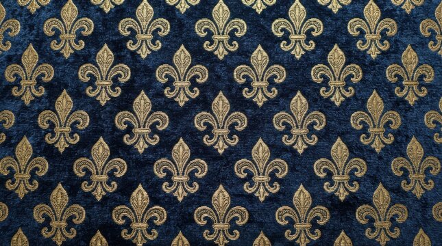 Golden fleur-de-lis pattern on dark blue velvet textile