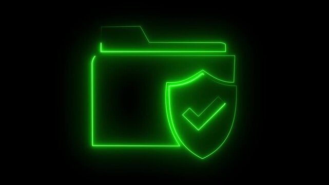 Glowing green neon folder shield icon secure data privacy protection symbol dark background