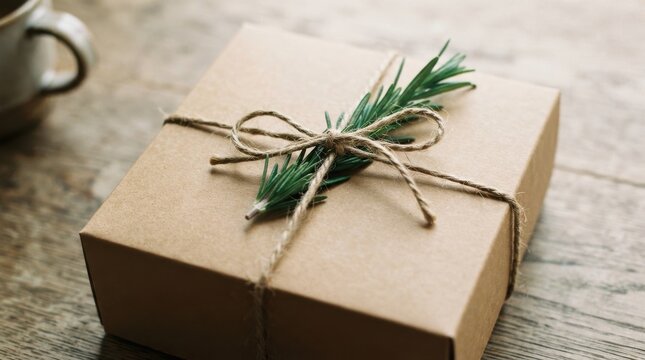 Wrapped gift box with twine string and fresh rosemary sprig on wooden table