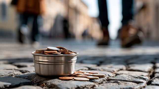 Close-up of a tin cup with coins on cobblestone pavement, faceless composition, begging and poverty concept, macro street photography, defocused pedestrian legs in background,