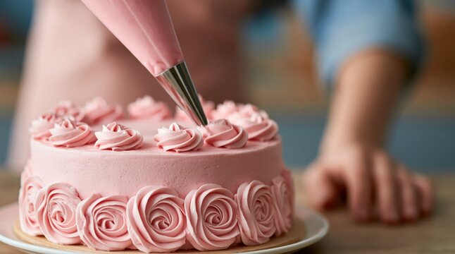Decorating pink cake with pink frosting rosettes using piping bag
