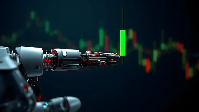 Robotic hand analyzing financial data on a digital screen, AI robot finger pointing at stock market charts, futuristic artificial intelligence trading