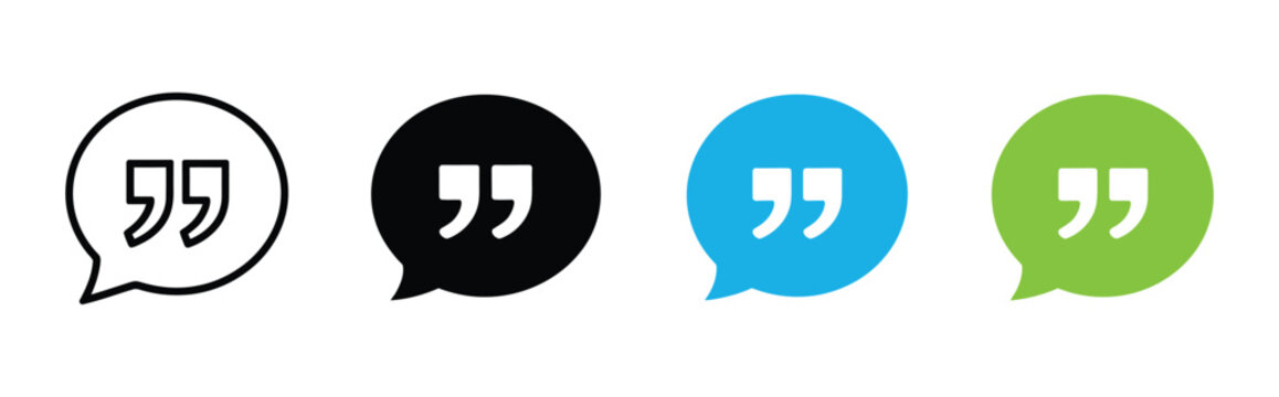 Quotation marks and speech bubble icon set, testimonial symbols, customer feedback, chat messages, online discussion, communication, review, dialogue, vector graphic