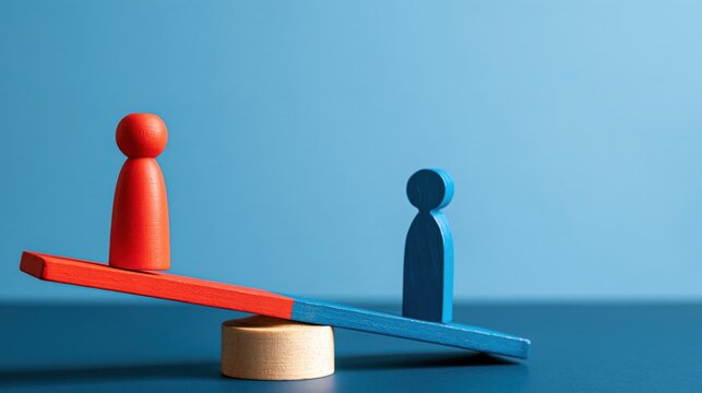 red and blue wooden peg figures on tilted seesaw over blue background