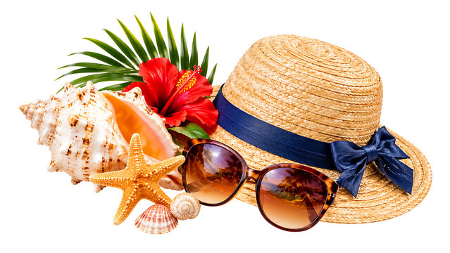 Summer beach vacation accessories set with straw hat sunglasses and seashells isolated on white background