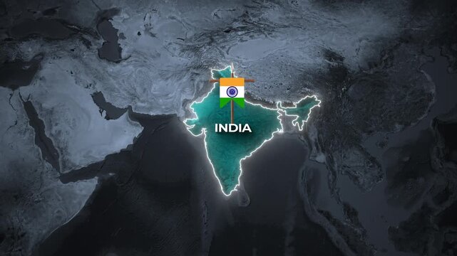 Cinematic zoom into a digital world map highlighting India with glowing borders and a national flag pin