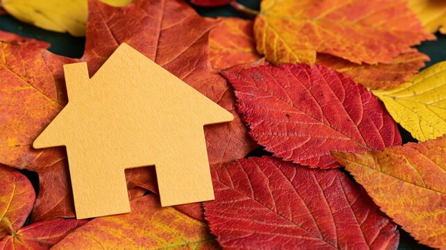 Yellow paper house cutout on colorful autumn leaves