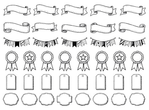 Hand-Drawn, Banner, Sketch, Ribbon, Tag, Badge, Frame, Vector, Outline, Doodles Collection Featuring Scroll Banners, Award Ribbons, Price Tags, and Decorative Frames