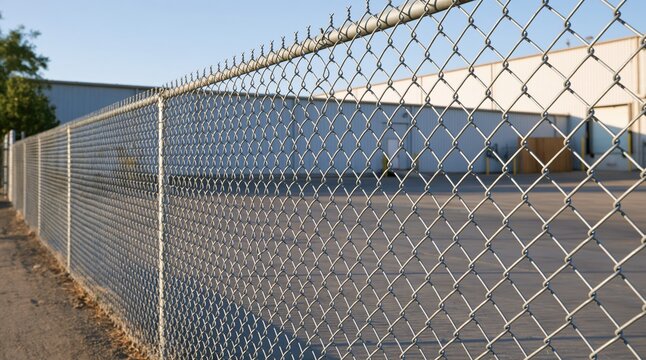 Chain link fence surrounding industrial warehouse building under blue sky