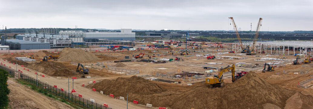 Taulov, Denmark - 28 August 2026: Aerial view of the Google Data Center Fredericia construction site, featuring heavy machinery, cranes, and earthworks in a large industrial development area.