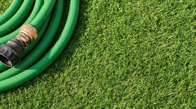 Green garden hose coiled on lush lawn with copy space