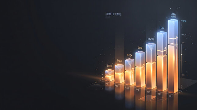 Glowing 3D Revenue Bar Chart Showing Monthly Business Growth on Dark Background
