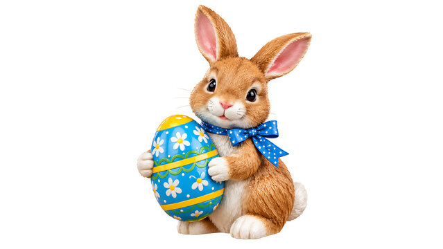 Cute Easter bunny rabbit figurine holding decorated colorful egg isolated on white background