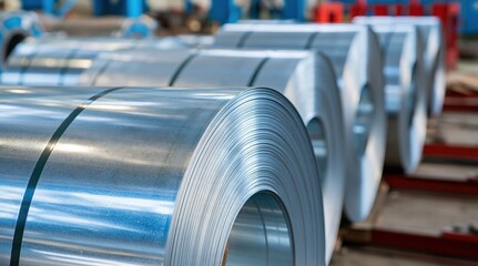 Row of galvanized steel coils in industrial warehouse