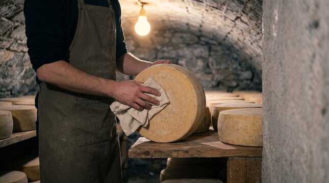 Cheese affineur turning a wheel of aging cheese on a wooden shelf in a cool cellar