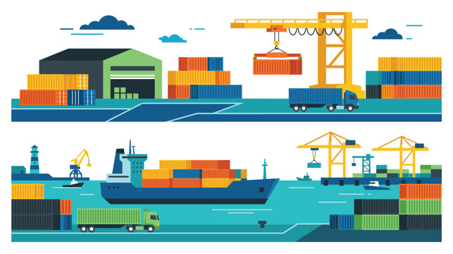 Logistics sea port banners with cargo ships and shipping cranes.