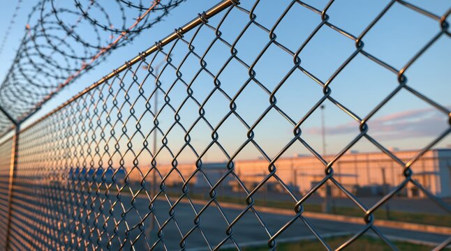 Chain link fence with razor wire around industrial warehouse facility at sunset