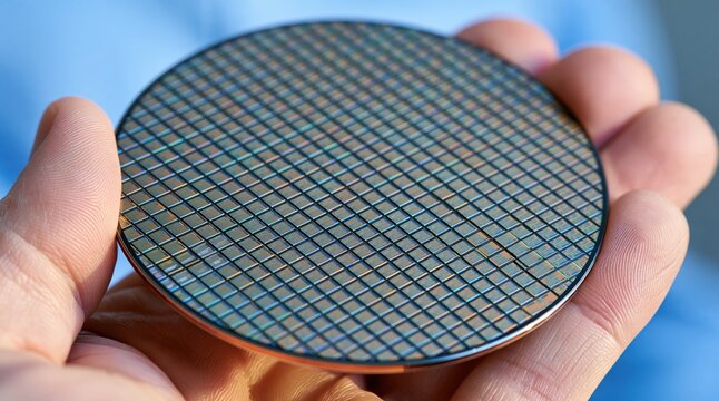 Hand holding small semiconductor silicon wafer with integrated circuits