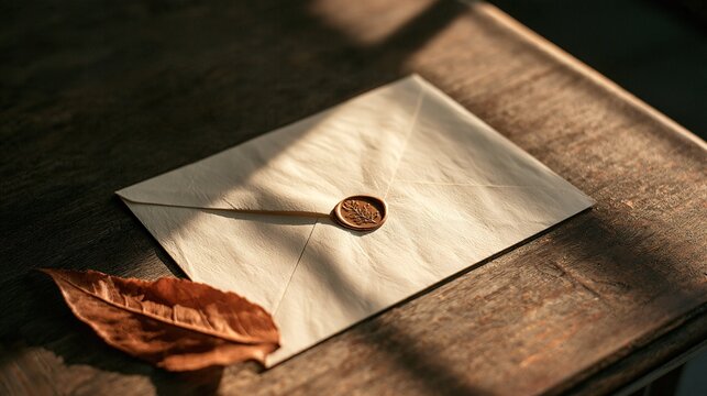 A softly distressed gray-brown autumn wooden table texture carries a single cream envelope sealed with a small bronze wax emblem, accompanied by one dried leaf and diffused window light