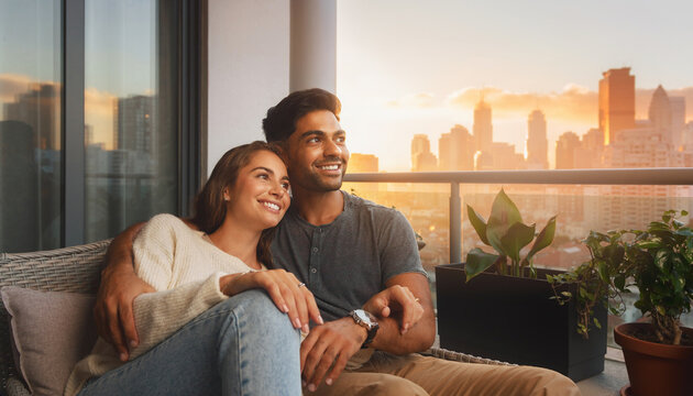 Couple Happy About Their Future. Lifestyle photograph of a young South Asian couple sitting together on a balcony, smiling while looking toward the city skyline