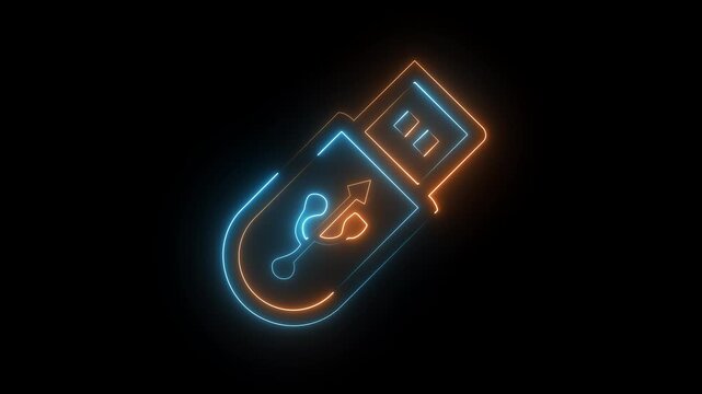 Orange and blue neon USB flash drive icon on dark background, glowing pen drive symbol.