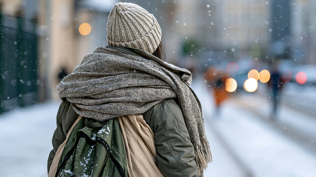 Homeless woman wrapped in layers of clothing walking through a snowy street, faceless from behind, winter survival concept, atmospheric documentary photography, defocused falling