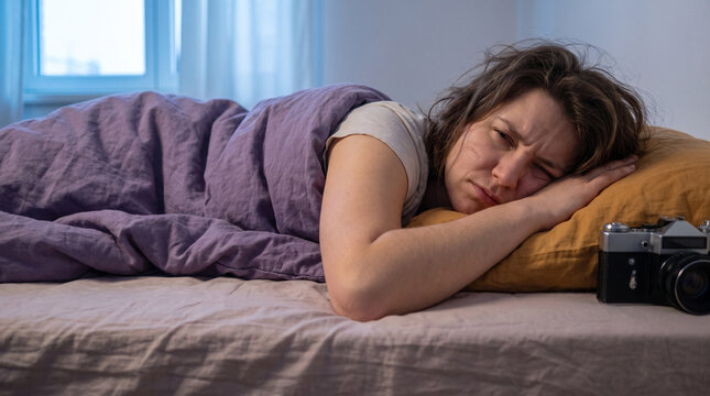 Woman struggling to wake up in bed during winter morning  