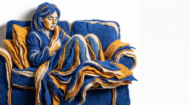 Woman sitting on a sofa wrapped in a blanket looking thoughtful  