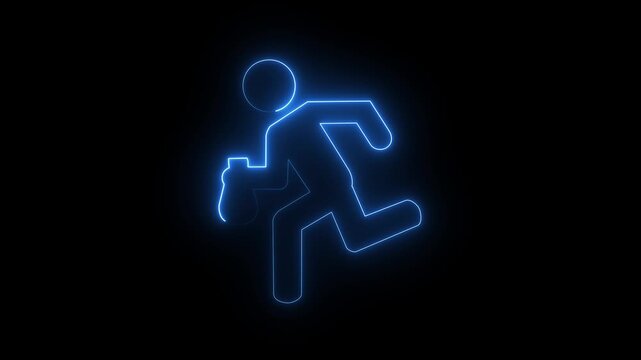 Blue neon thief icon on dark background, glowing burglar running with loot bag crime symbol.