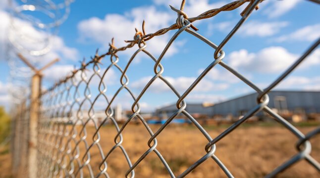 Chain link fence with rusty barbed wire against industrial building and blue sky
