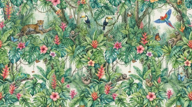 Watercolor jungle pattern with exotic animals and tropical plants
