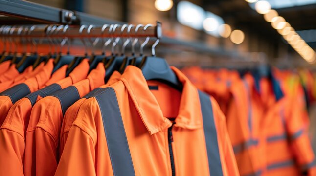 Orange high visibility workwear jackets hanging on rack in warehouse