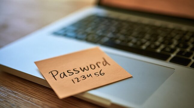 Handwritten password on sticky note placed on laptop trackpad