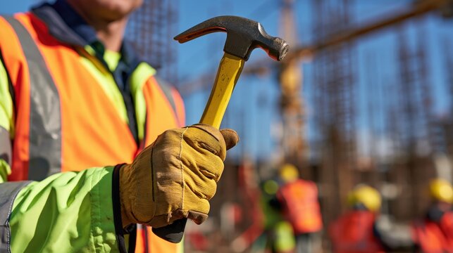 close up of construction worker hand in protective glove holding yellow hammer at building site