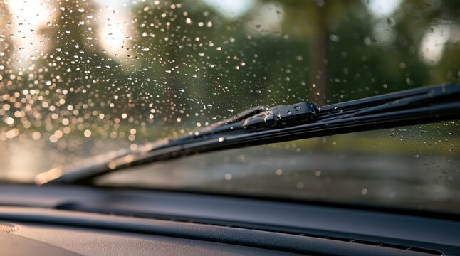 Close up car windshield with water drops and wiper blade against blurred background