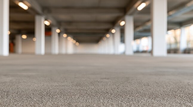 Low angle view of empty indoor parking garage with white pillars and concrete floor