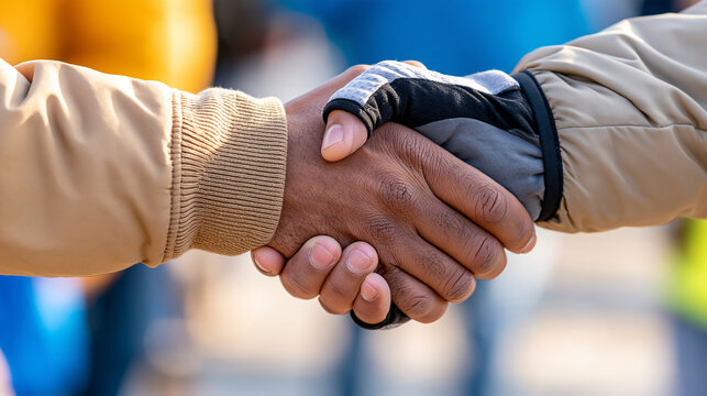 Close-up of clasped hands between a volunteer and a homeless recipient, faceless subjects, compassion and human connection concept, warm natural light documentary photography,