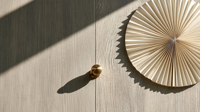 Autumn wooden table texture with cool gray undertones is paired with a single folded cream paper fan and one small brass paperweight, soft window light, understated autumn colors