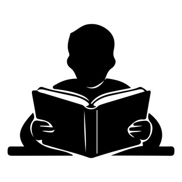 Black silhouette man icon reading book representing education and learning process.