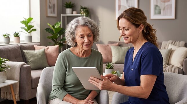 Mature skin aesthetic consultation with older adult client and clinician, blank tablet care plan and dignified age positive clinic setting