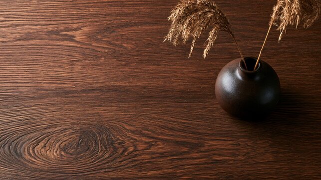Autumn wooden table texture with deep reddish grain supports a minimalist arrangement of one dark ceramic vase and two slender dried reeds