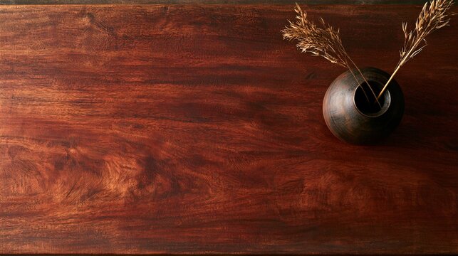 Autumn wooden table texture with deep reddish grain supports a minimalist arrangement of one dark ceramic vase and two slender dried reeds