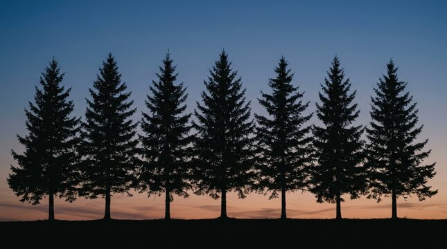 Silhouettes of pine trees standing in a row against a sunset sky