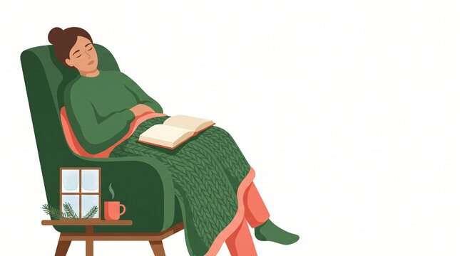 Young woman sleeping on a green chair while reading a book  