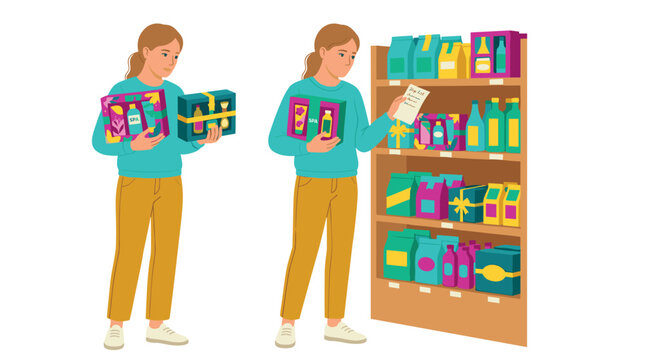 Woman shopping for spa gift sets carefully comparing different options and checking her shopping list while browsing products in a retail store aisle.