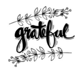 Handwritten grateful word with floral decorative branches in vintage halftone dot style design transparent background © AbstractZone