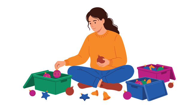 Woman organizing Christmas ornaments into colorful storage boxes as she prepares for the festive holiday season, surrounded by decorative baubles and festive cheer.