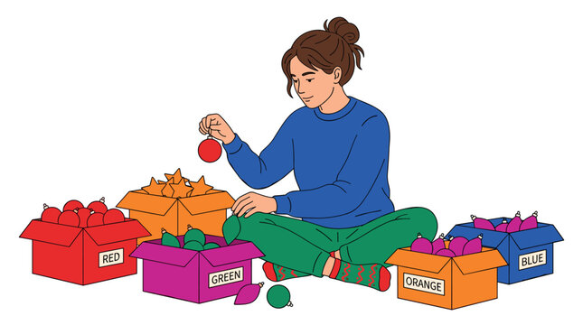 Young woman organizing a collection of colorful Christmas ornaments, carefully placing them into labeled storage boxes in preparation for the festive season.